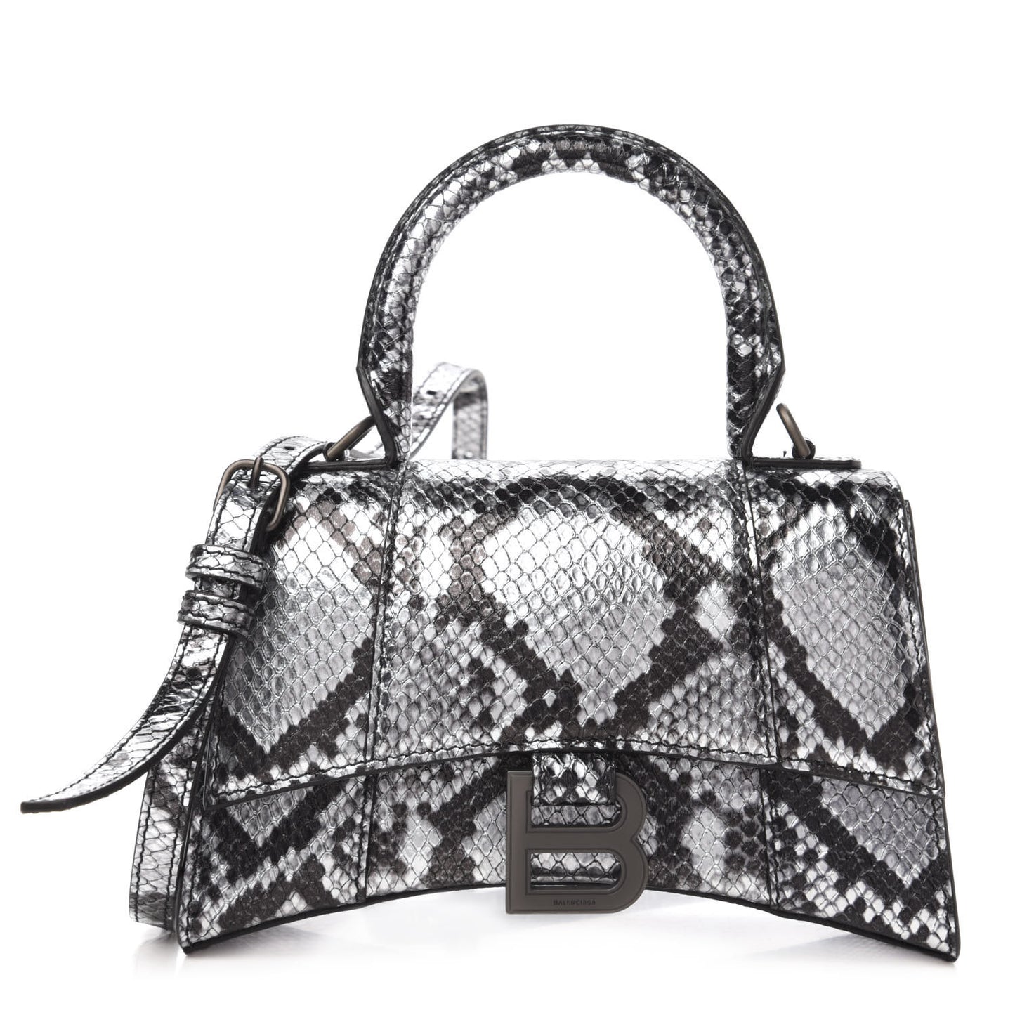 Shiny Calfskin Snakeskin Embossed Hourglass Top Handle Bag XS Silver Black