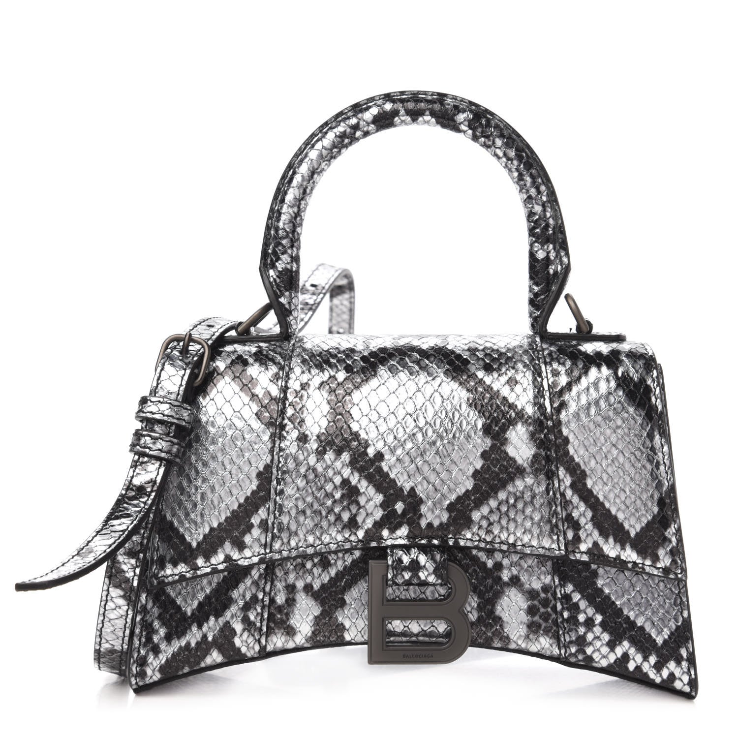 Balenciaga Shiny Calfskin Snakeskin Embossed Hourglass Top Handle Bag XS Silver Black 1 of 9
