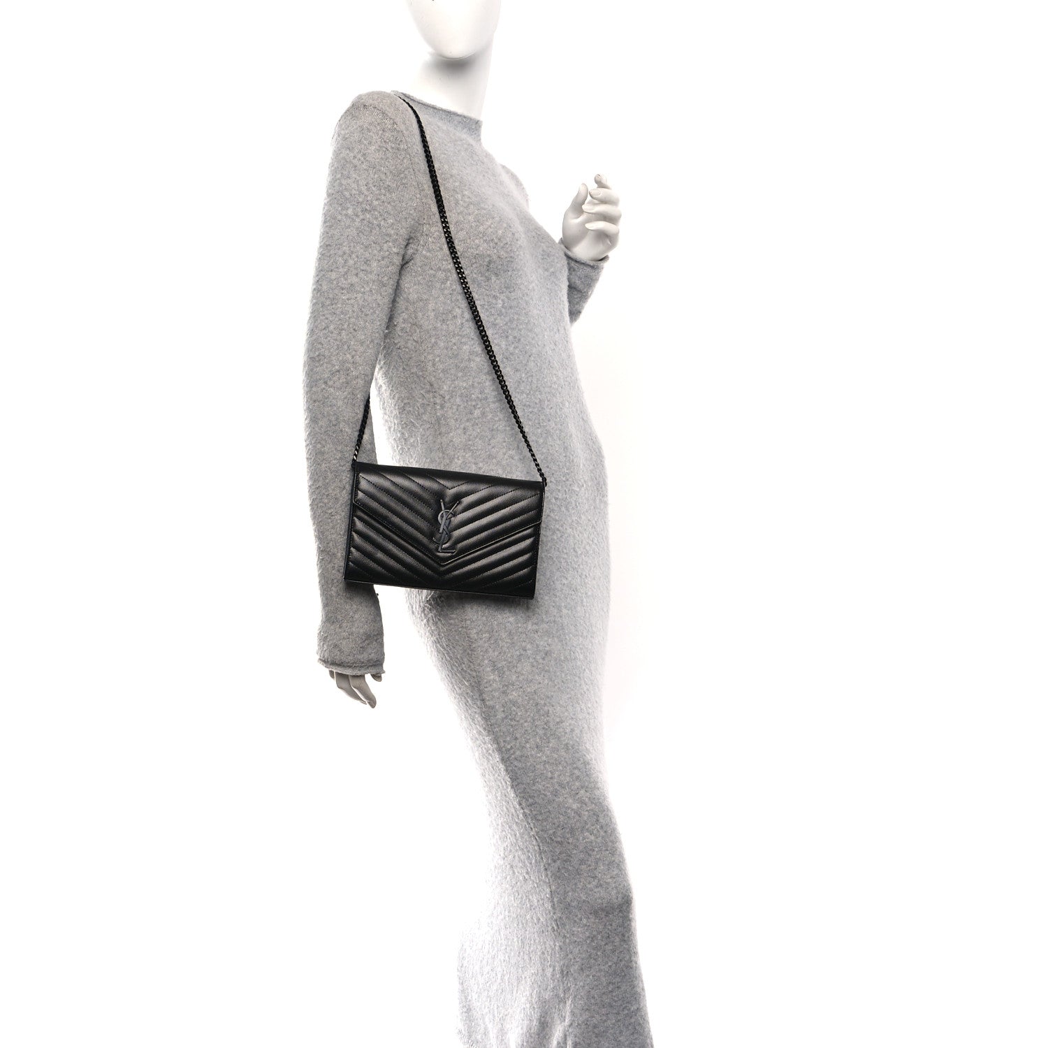 Saint Laurent Grain De Poudre Matelasse Chevron Monogram Monochrome Chain Wallet Black 2 of 10