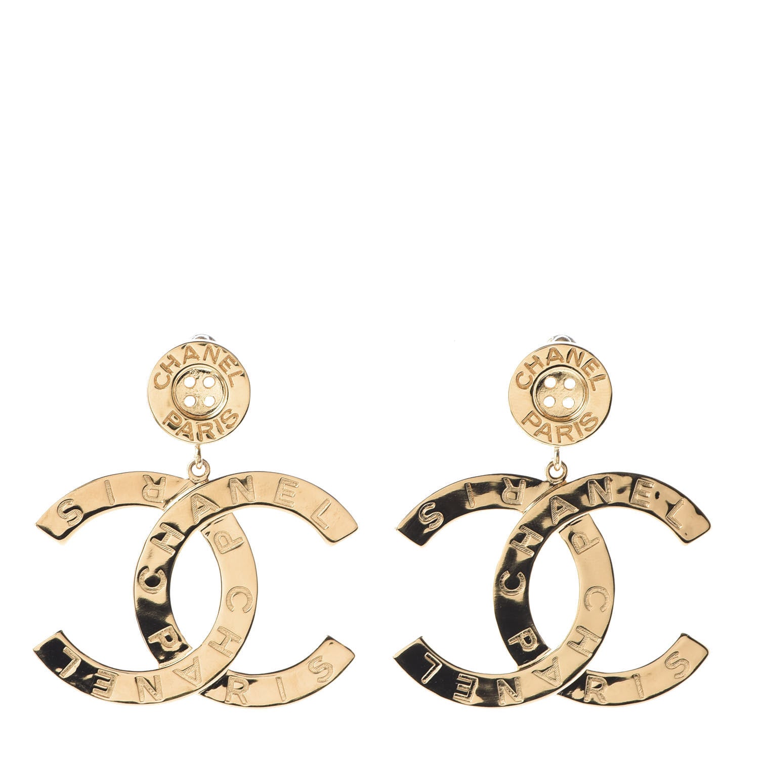 Chanel Metal Large Paris Button Earrings Gold 1 of 7