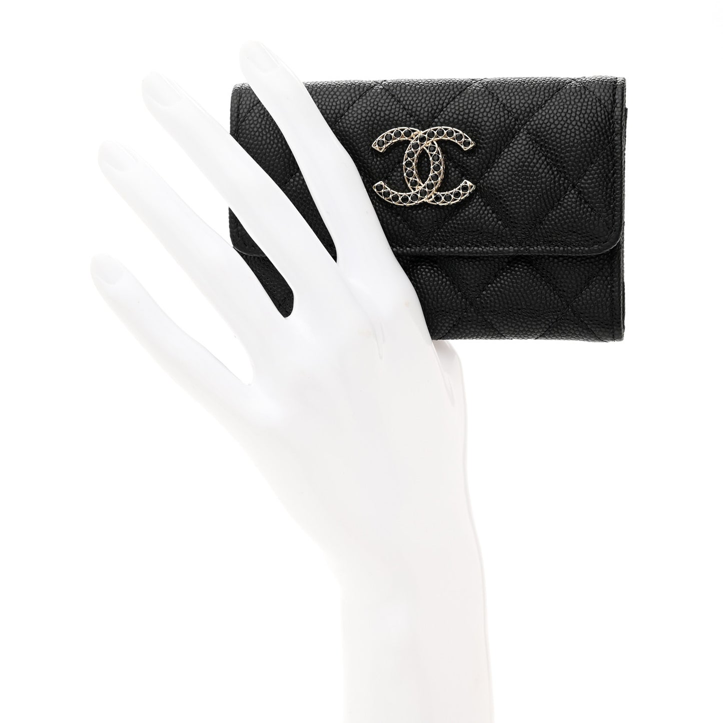 Shiny Caviar Quilted Strass CC Flap Card Holder Black