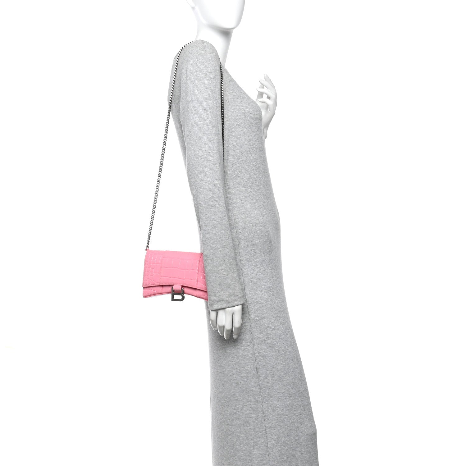 Balenciaga Shiny Calfskin Crocodile Embossed Hourglass Chain Bag Sweet Pink 2 of 9