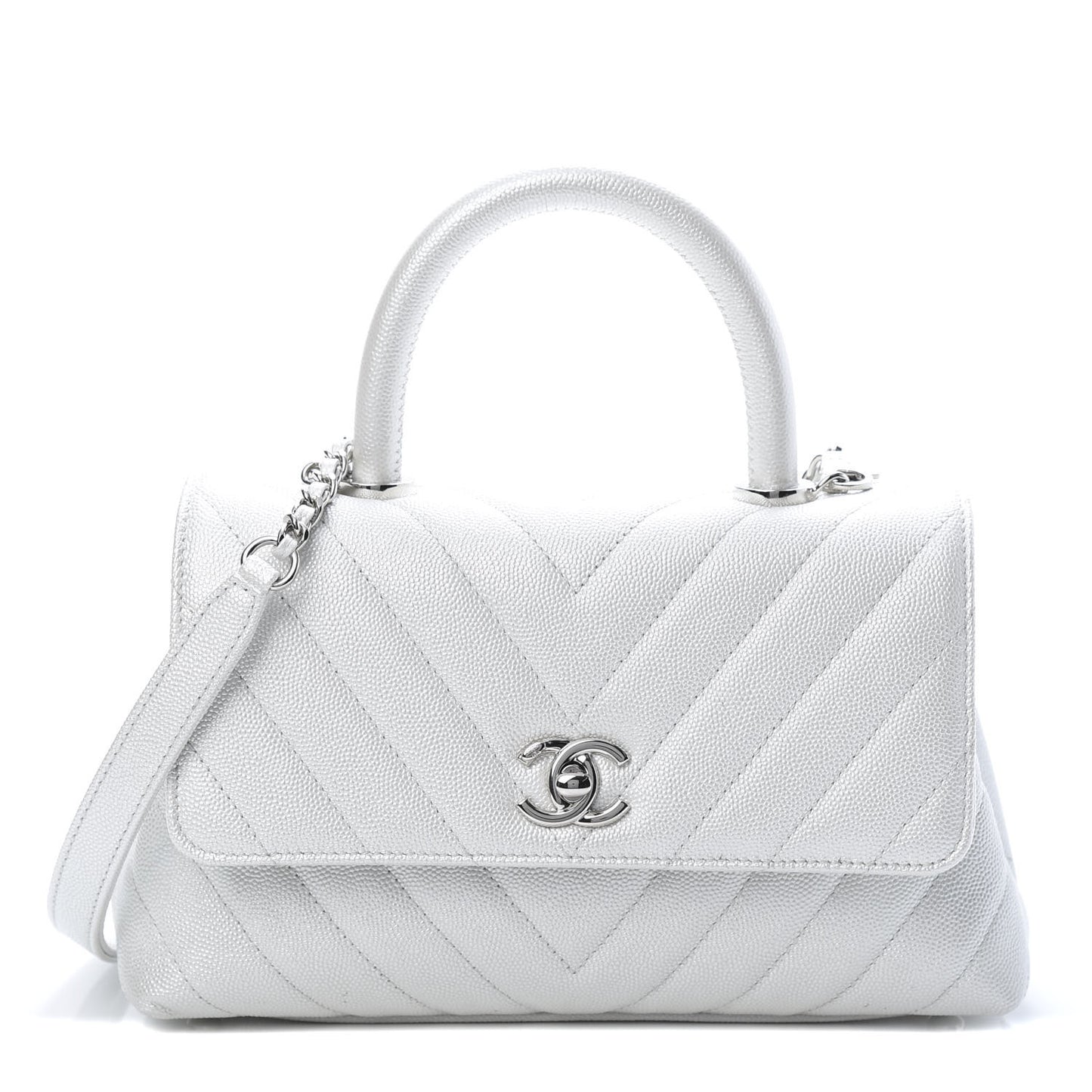Iridescent Caviar Chevron Quilted Mini Coco Handle Flap White