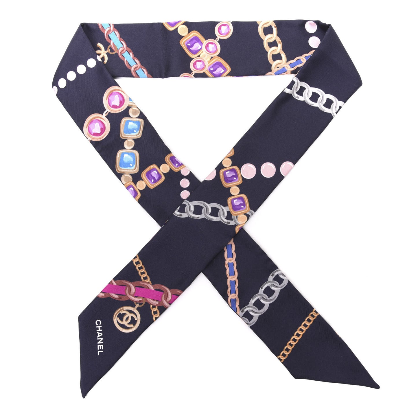 Silk Pearl CC Chain Slim Bandeau Scarf Navy Blue