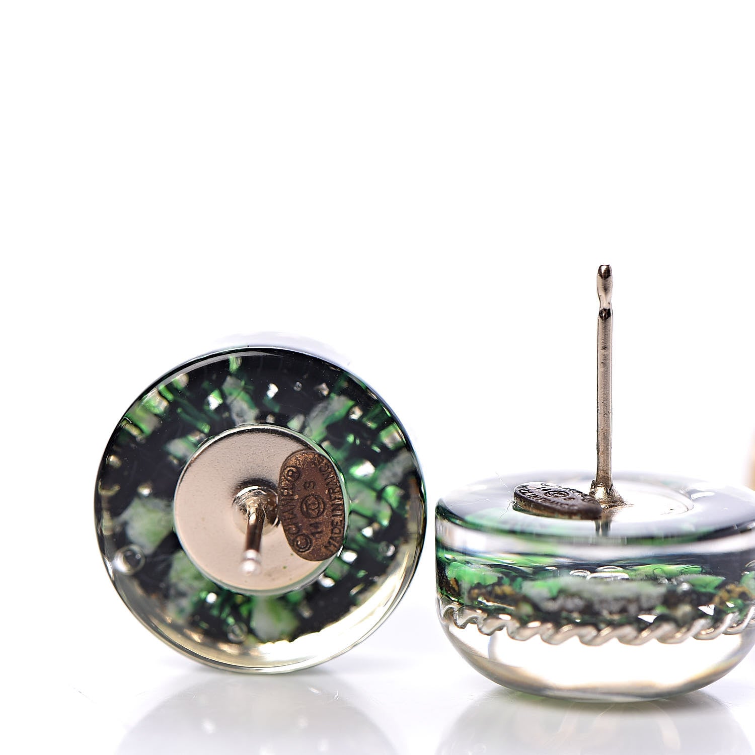 Chanel Resin Tweed Chain CC Round Earrings Gold Green 4 of 5