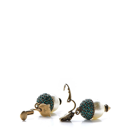 Gucci Metal Crystal Pearl Feline Clip On Earrings Aged Gold 3 of 4