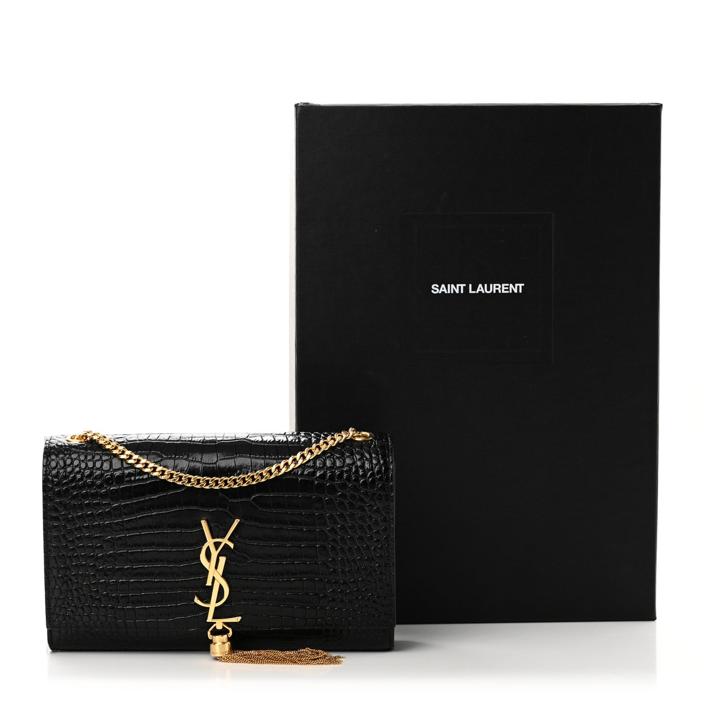 Calfskin Crocodile Embossed Medium Classic Monogram Kate Tassel Satchel Black