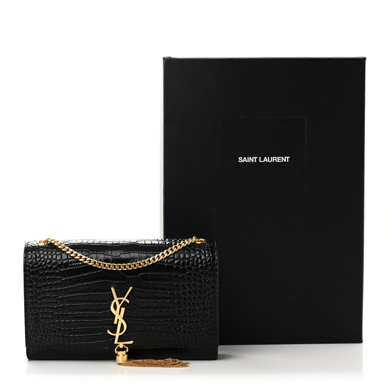 Saint Laurent Calfskin Crocodile Embossed Medium Classic Monogram Kate Tassel Satchel Black 9 of 9