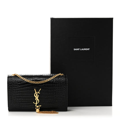 Saint Laurent Calfskin Crocodile Embossed Medium Classic Monogram Kate Tassel Satchel Black 9 of 9