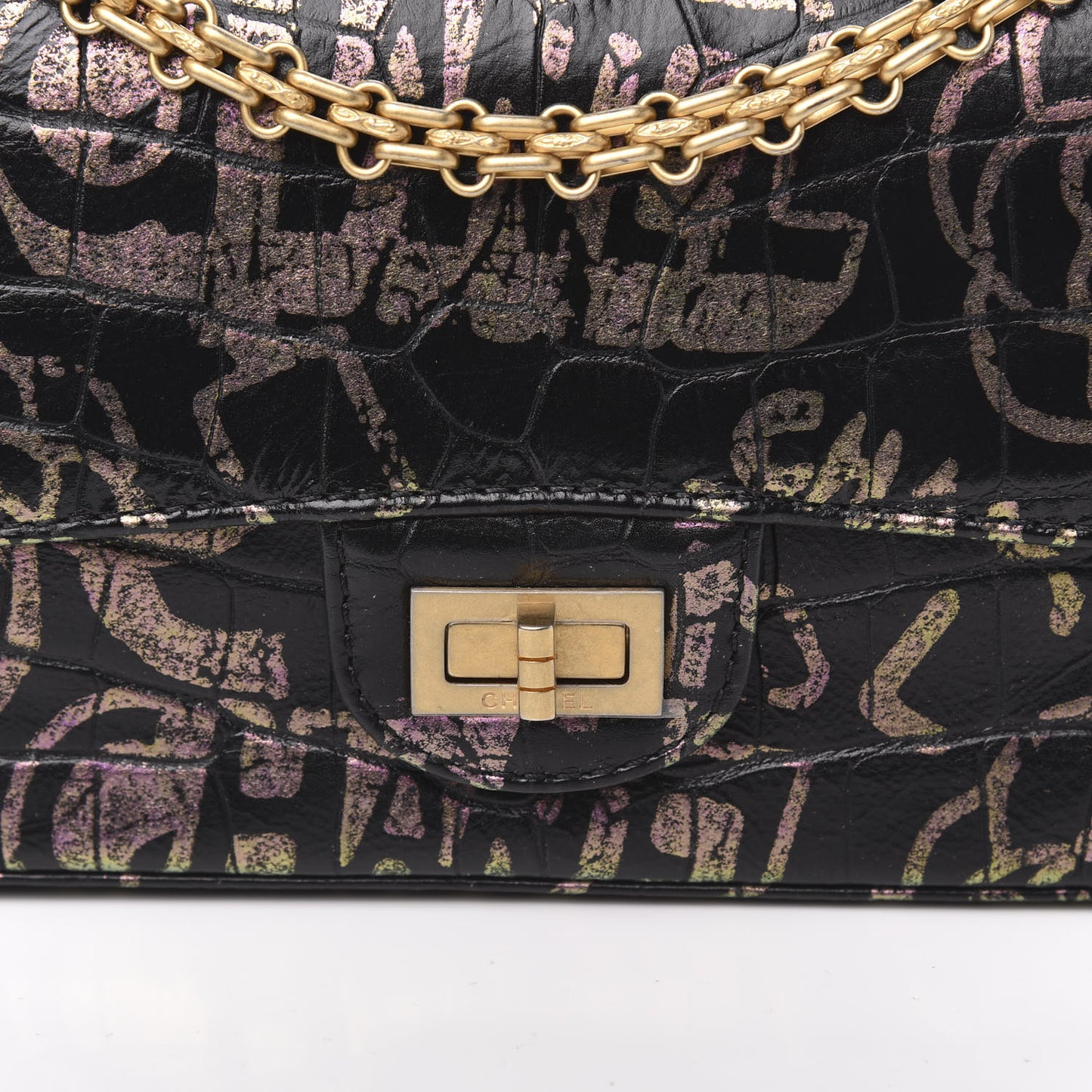 Calfskin Crocodile Embossed Graffiti 2.55 Mini Cocodile Reissue Flap Black Pink