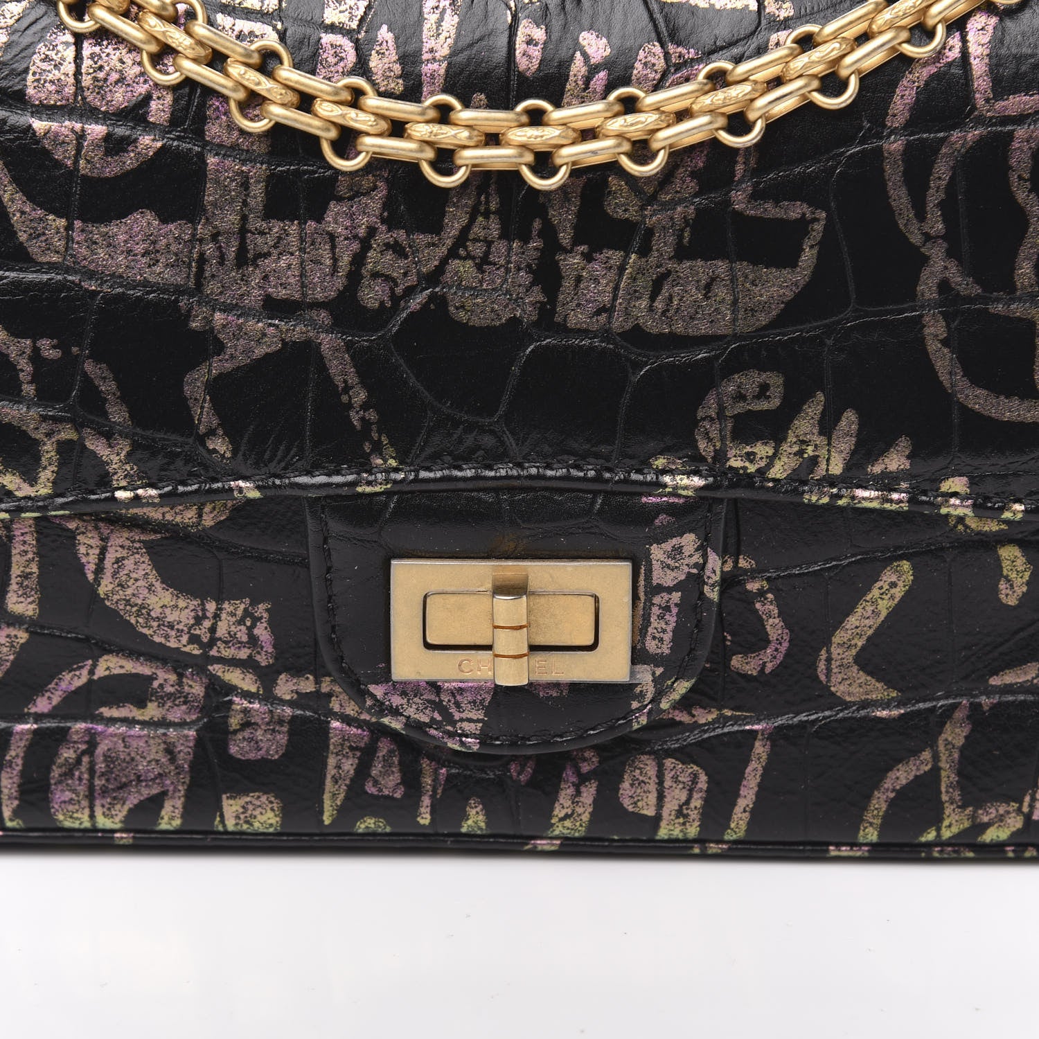 Chanel Calfskin Crocodile Embossed Graffiti 2.55 Mini Cocodile Reissue Flap Black Pink 12 of 12