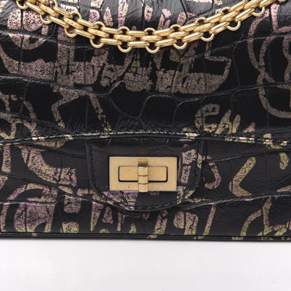 Chanel Calfskin Crocodile Embossed Graffiti 2.55 Mini Cocodile Reissue Flap Black Pink 12 of 12