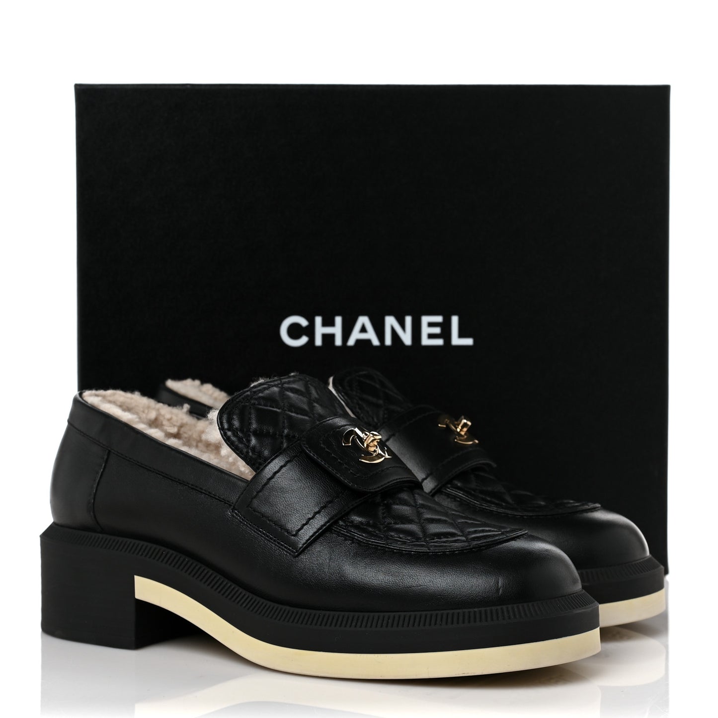 Lambskin Shearling Quilted CC Turnlock Loafers 39 Black