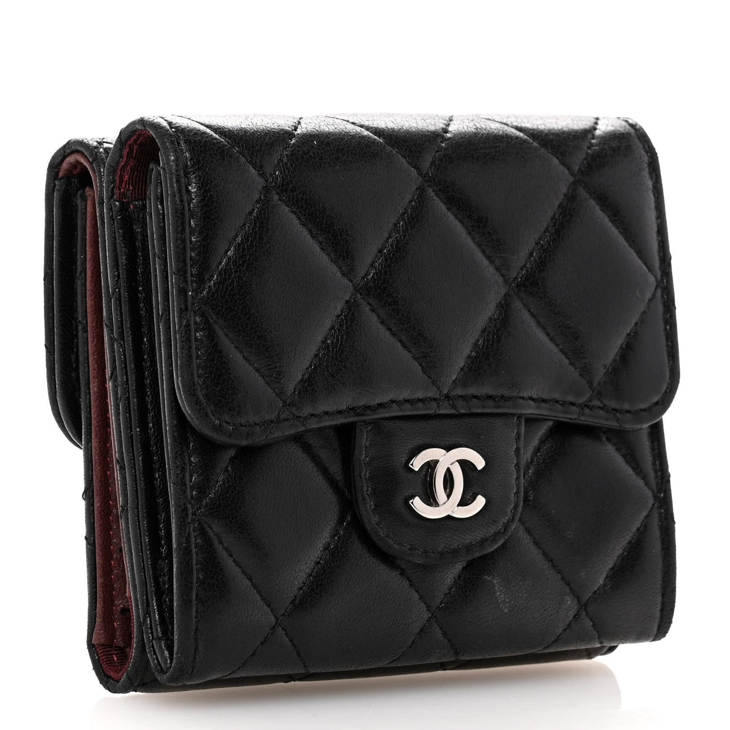 Lambskin Quilted Tri-Fold Flap Wallet Black