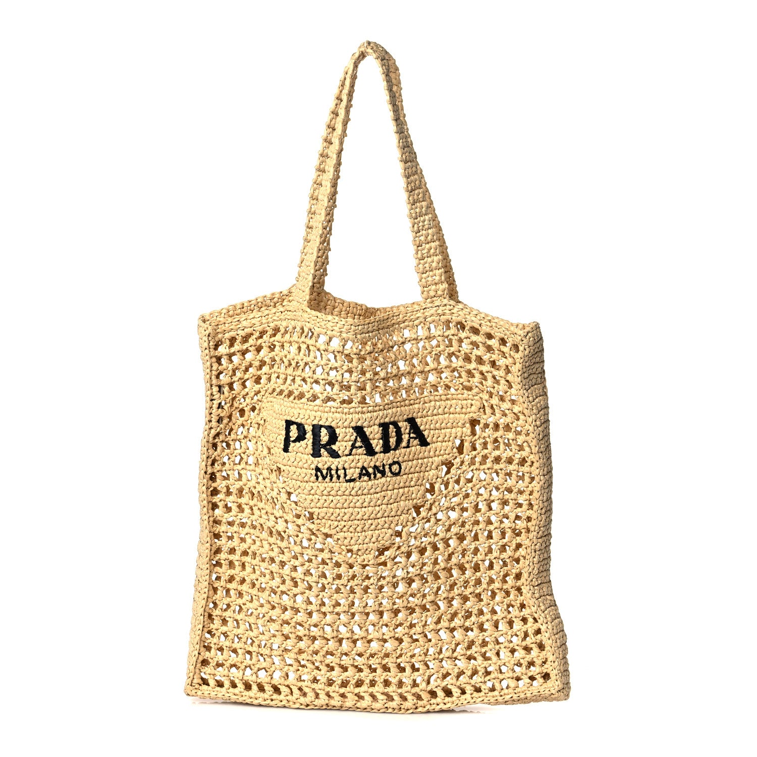 Prada Yarn Raffia Effect Crochet Logo Embroidered Tote Bag Naturale 2 of 18