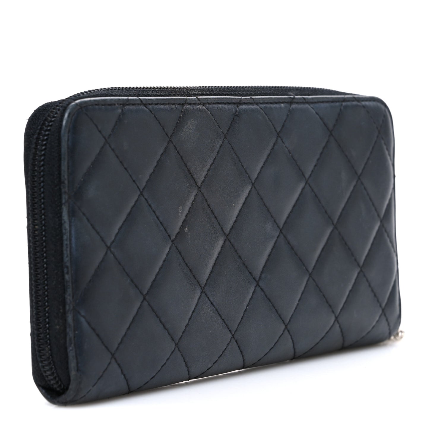 Calfskin Quilted Cambon Large Gusset Zip Around Wallet Black