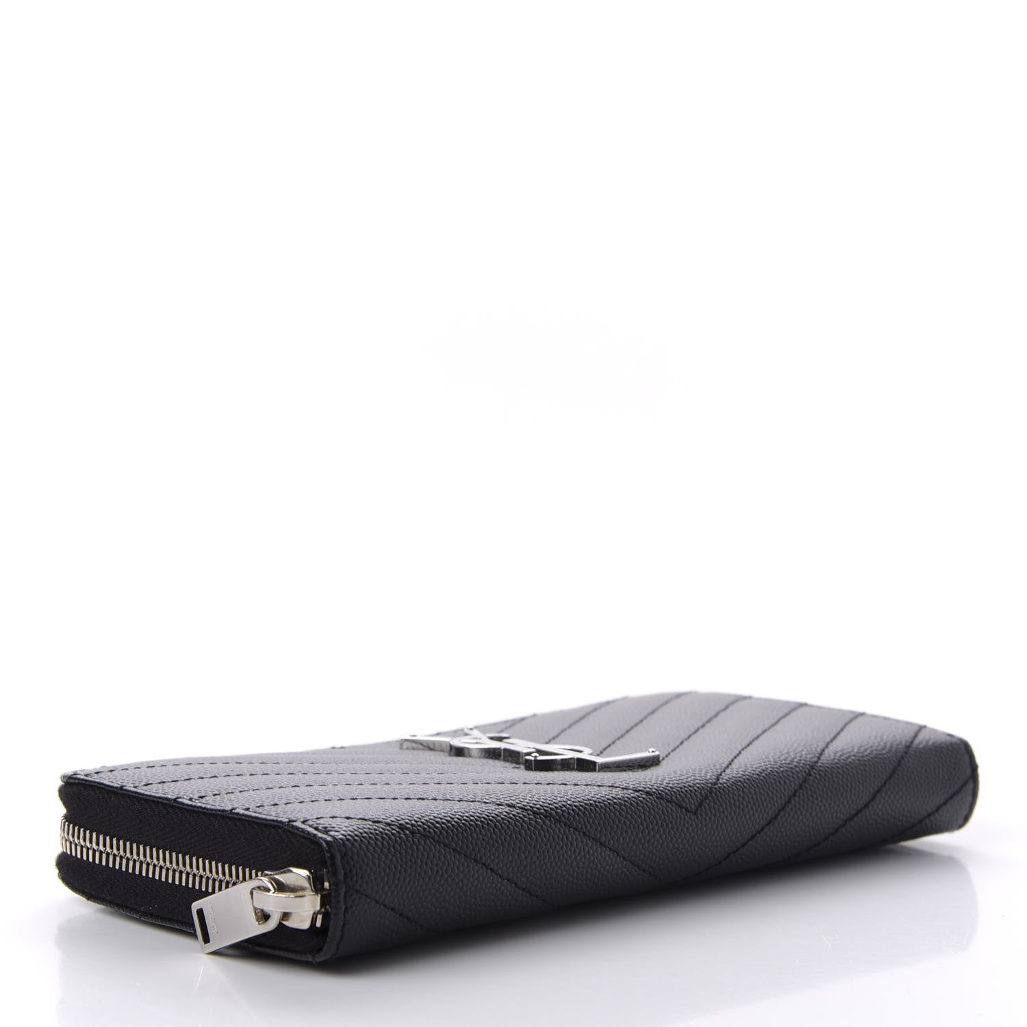 Saint Laurent Grain De Poudre Matelasse Chevron Monogram Zip Around Wallet Black 3 of 7