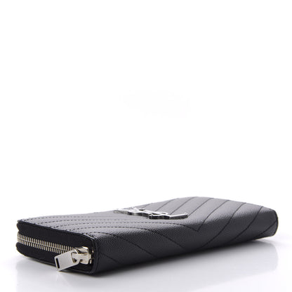 Saint Laurent Grain De Poudre Matelasse Chevron Monogram Zip Around Wallet Black 3 of 7