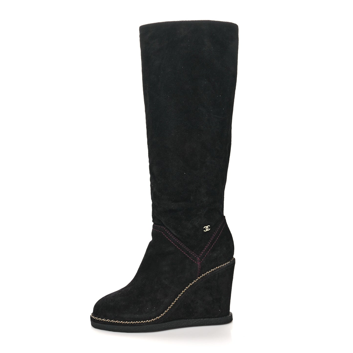 Suede Calfskin Chain Around High Boots 36 Black