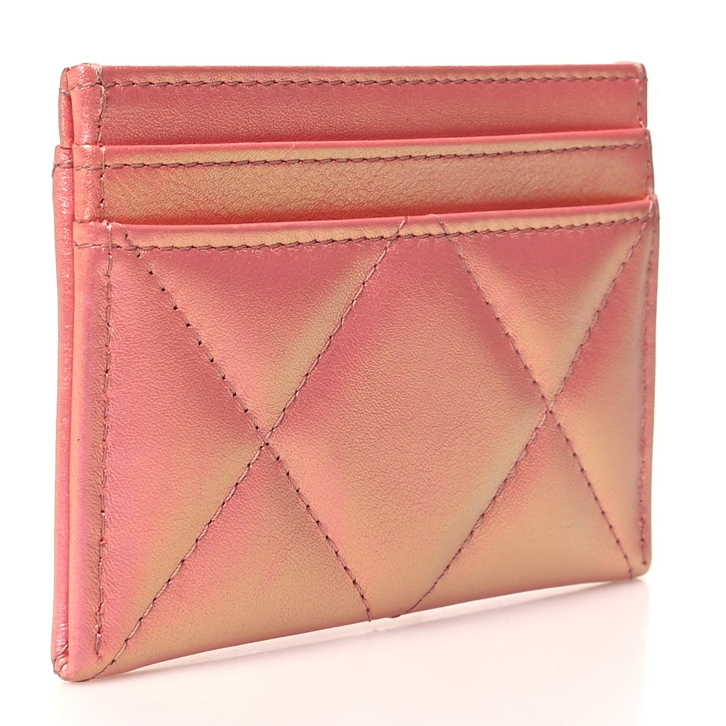 Iridescent Calfskin Quilted Chanel 19 Card Holder Pink