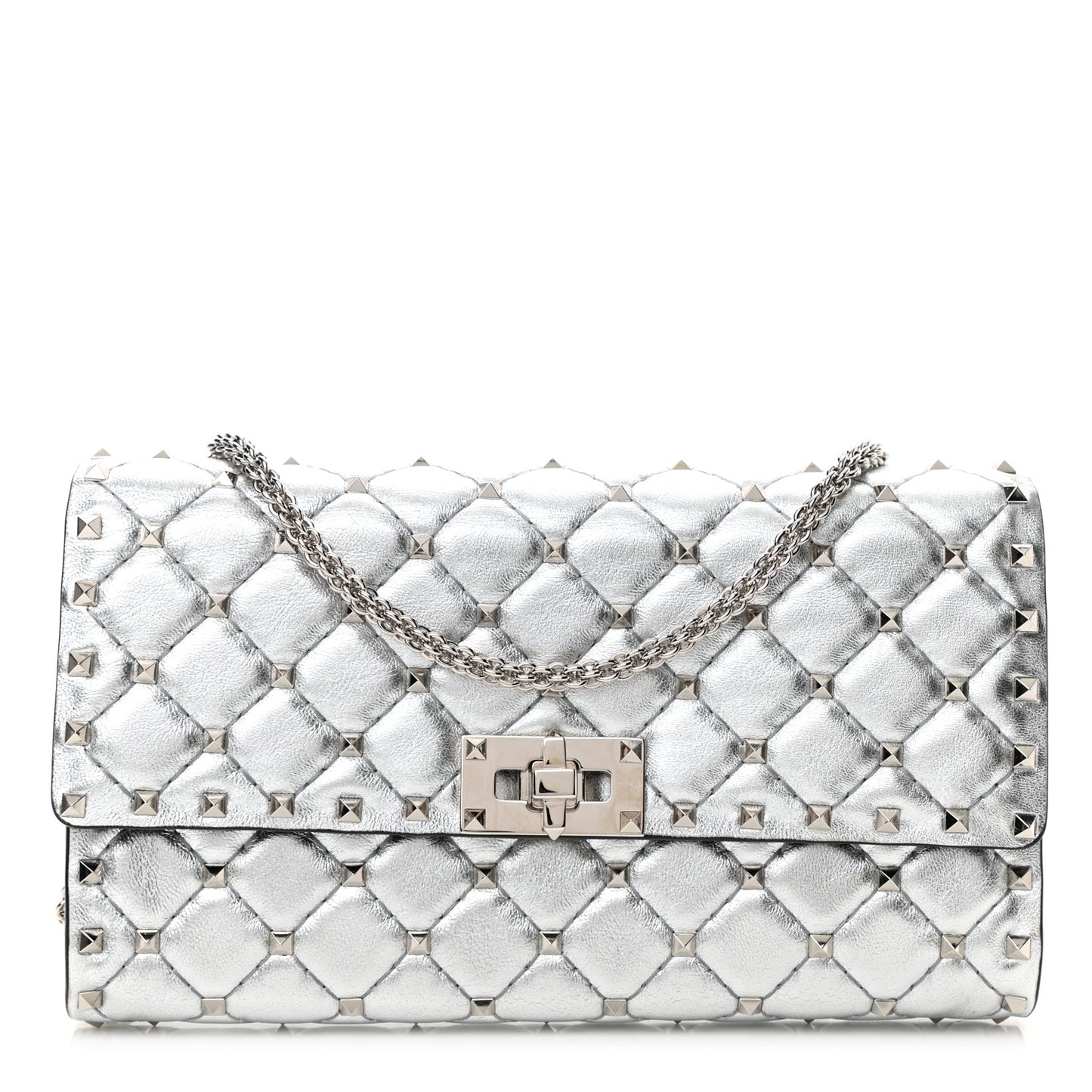Metallic Lambskin Rockstud Spike Wallet on Chain Silver