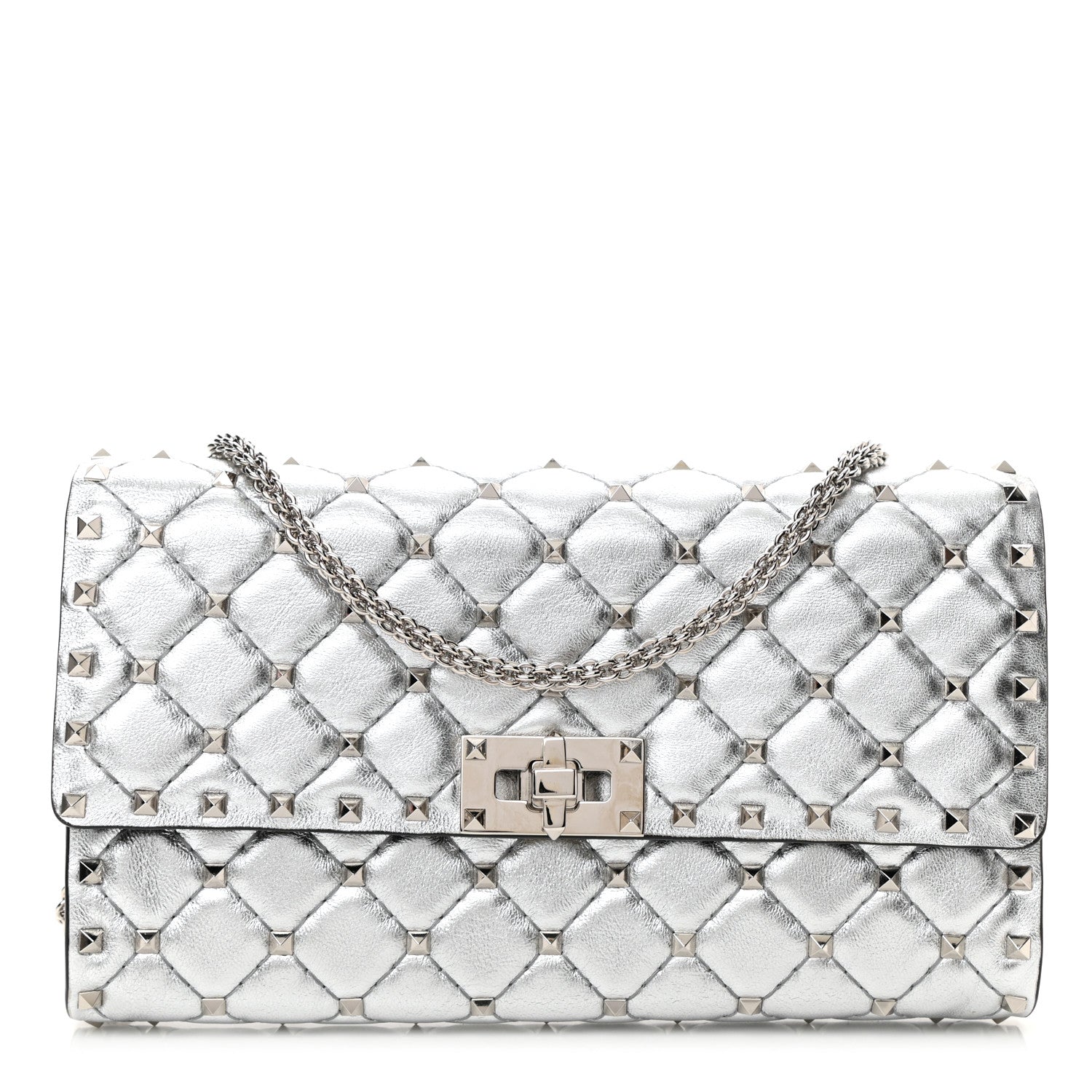 Valentino Garavani Metallic Lambskin Rockstud Spike Wallet on Chain Silver 1 of 9