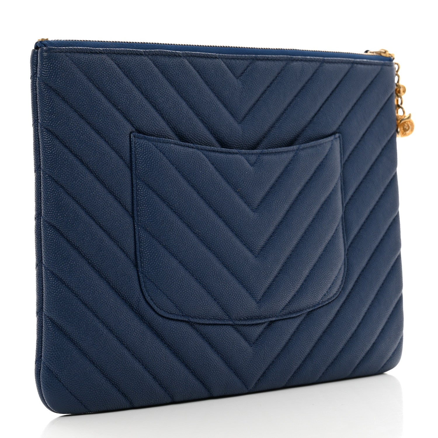 Chanel Caviar Chevron Quilted Medium Zip Pouch Navy 3 of 7