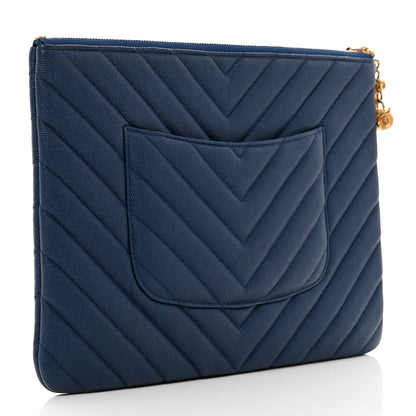 Chanel Caviar Chevron Quilted Medium Zip Pouch Navy 3 of 7