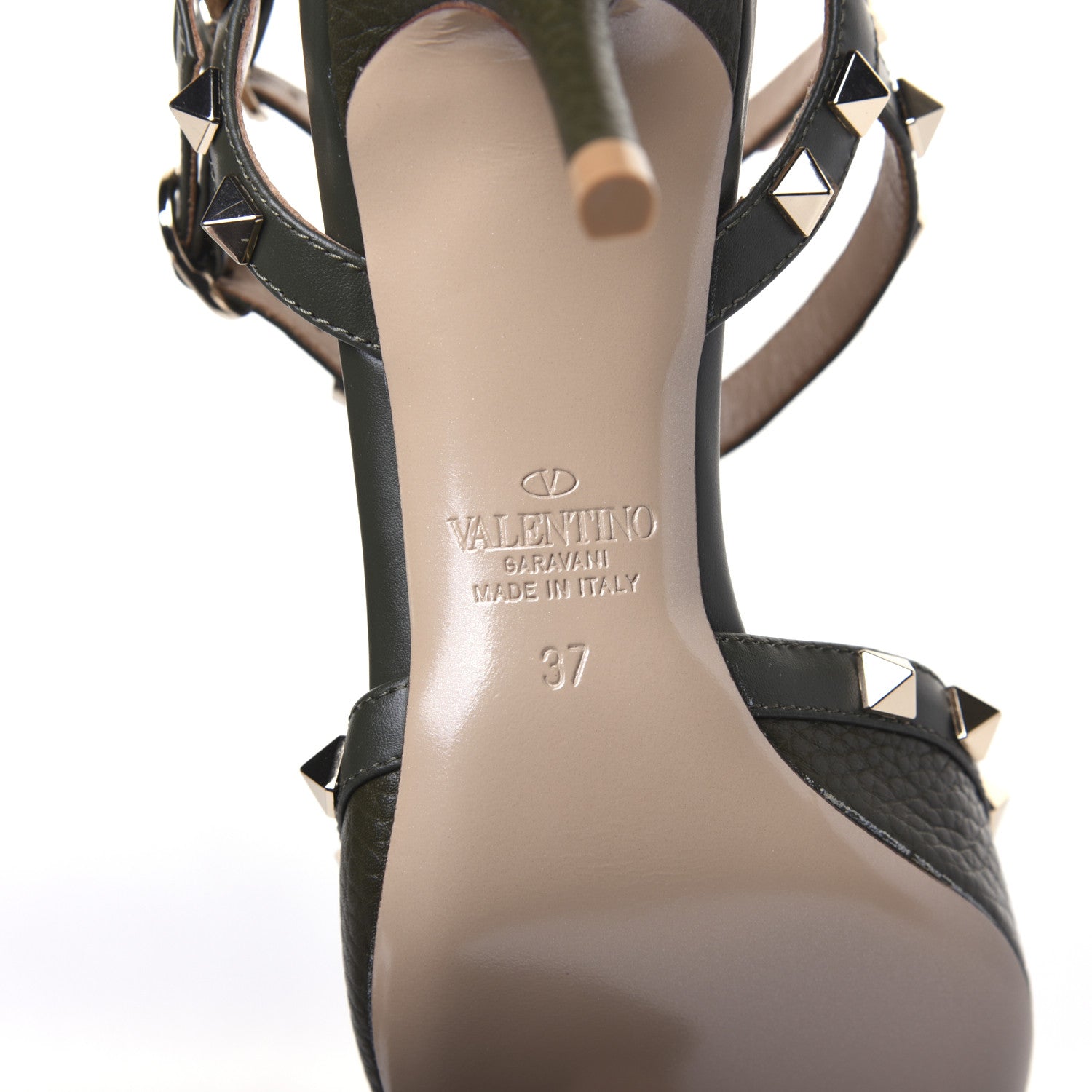 Valentino Garavani Pebbled Calfskin Rockstud Ankle Strap 65mm Pumps 37 Olive Green 7 of 8