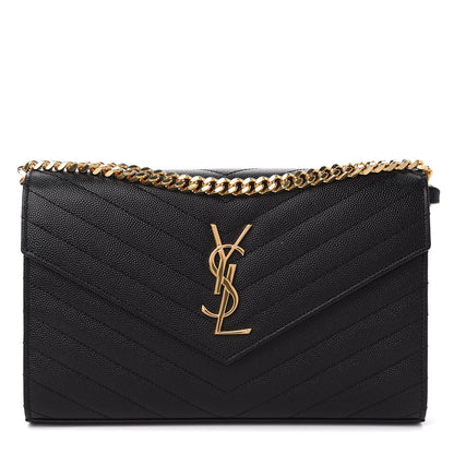 Saint Laurent Grain De Poudre Matelasse Chevron Monogram Chain Wallet Black 1 of 10