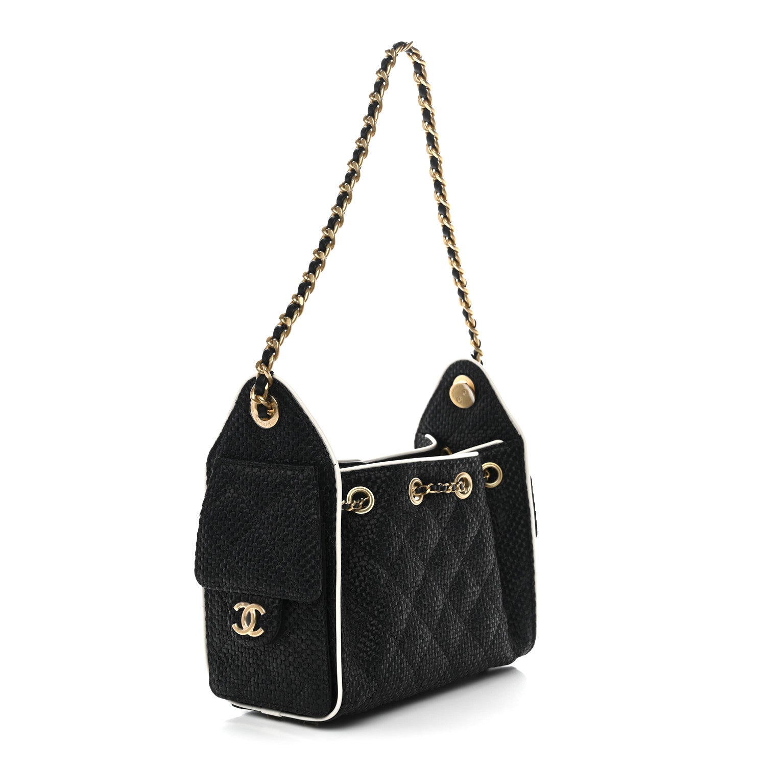 Chanel Braided Raffia Calfskin Quilted Mini Chanel 25 Handbag Black White 3 of 11