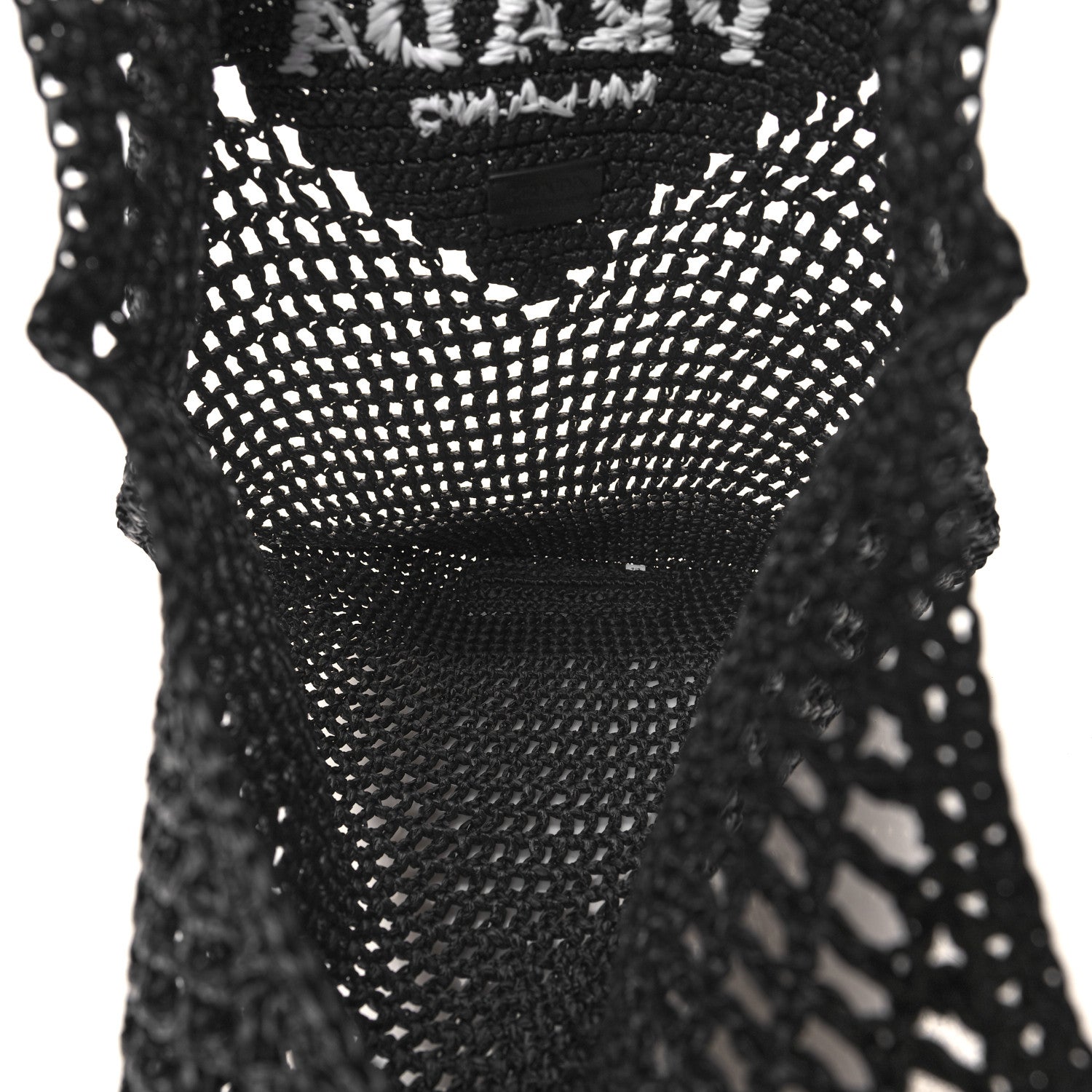 Prada Yarn Raffia Effect Crochet Logo Embroidered Shopping Tote Bag Black 5 of 9