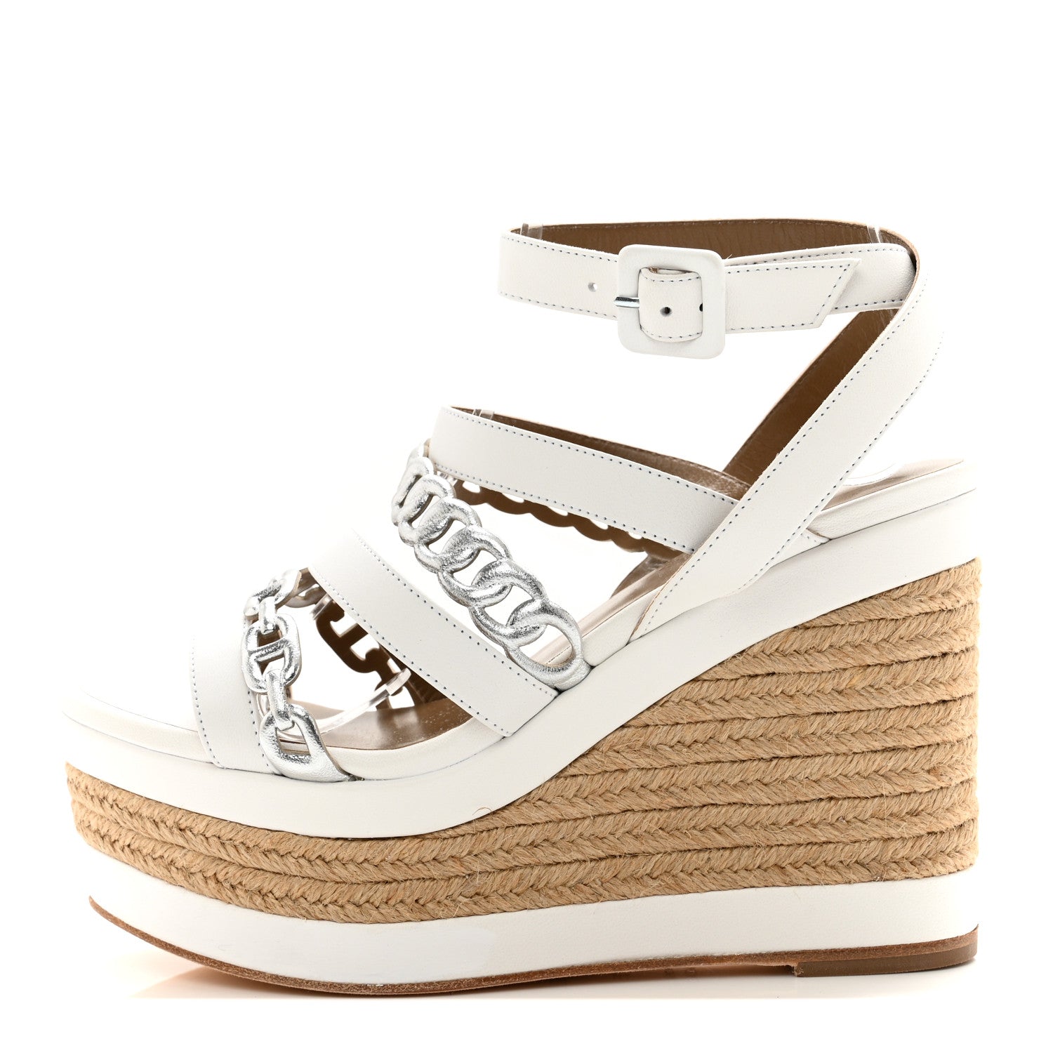 Hermes Metallic Nappa Amarres Espadrille Wedge 35 White Gris Argente 1 of 10