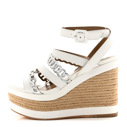 Hermes Metallic Nappa Amarres Espadrille Wedge 35 White Gris Argente 1 of 10