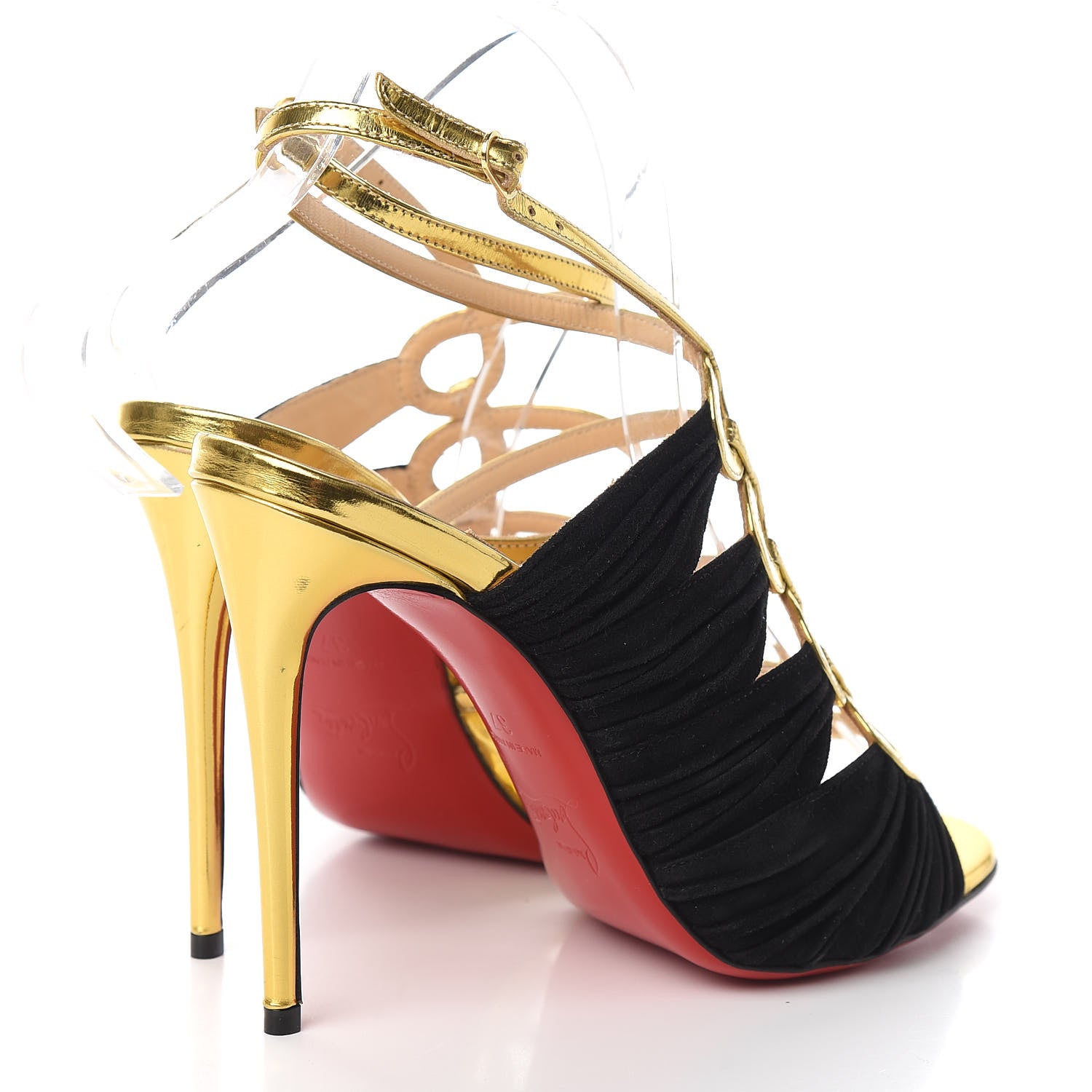 Christian Louboutin Specchio Veau Velours Tina Cage 100 Ankle Strap Sandals 37 Gold Black 4 of 8
