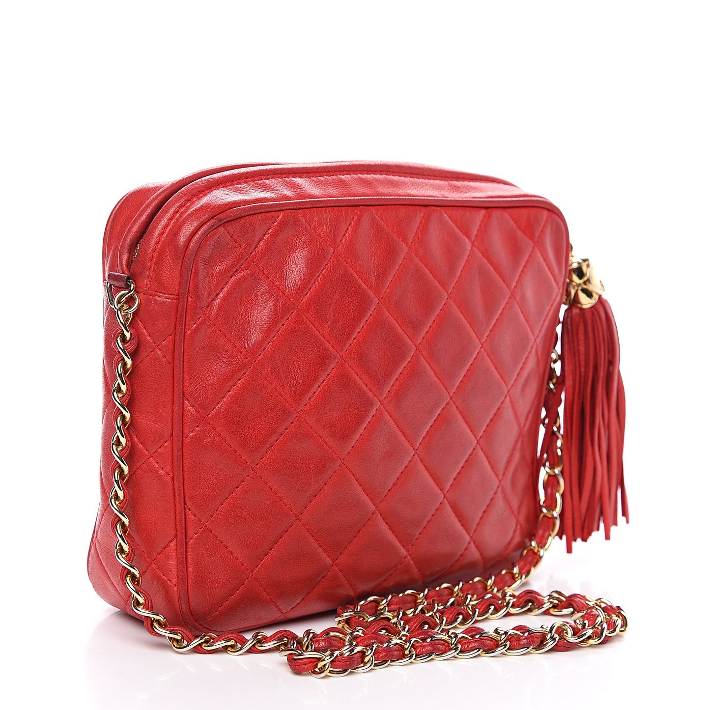 Lambskin Quilted Flap Tassel Camera Case Red