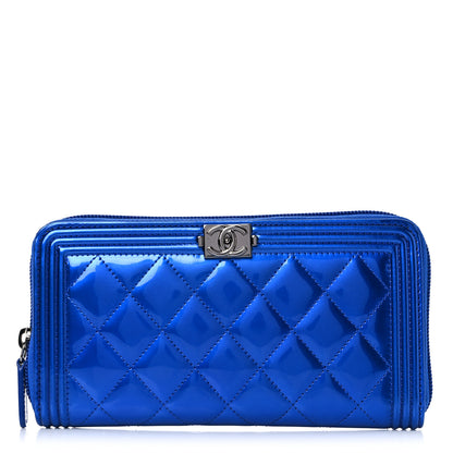 Chanel Metallic Patent Calfskin Quilted Boy L-Gusset Zip Wallet Blue 2 of 13