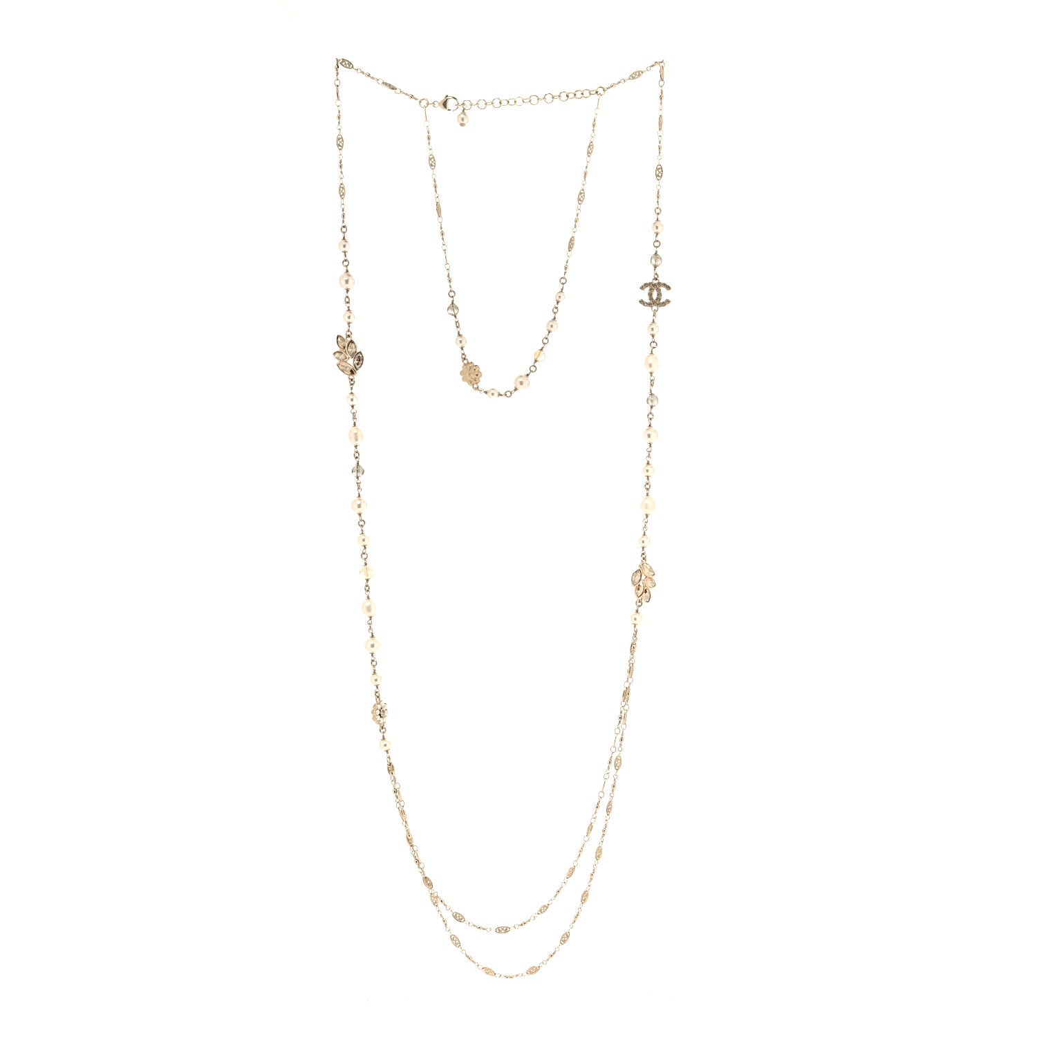 Chanel Pearl Bead Crystal CC Necklace Gold White 3 of 5