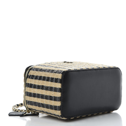 Chanel Raffia Jute Striped Small Vanity Case With Chain Black Beige 4 of 11