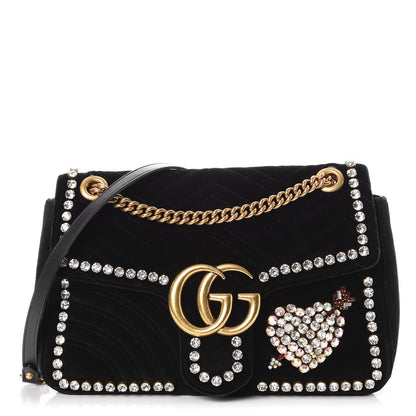 Gucci Velvet Matelasse Crystal Medium GG Marmont Shoulder Bag Black 1 of 9