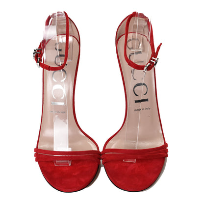Gucci Kid Scamosciato GG Ankle Strap High Heel Sandals 39 Hibiscus Red 5 of 12