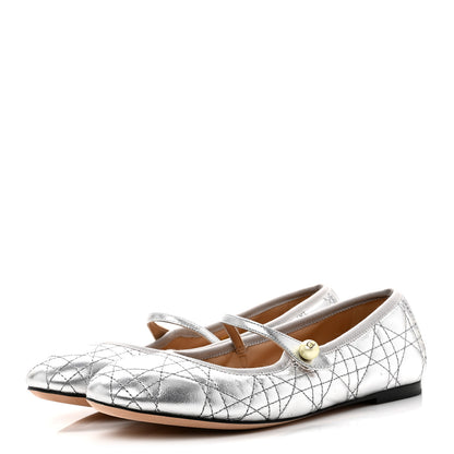 Christian Dior Metallic Lambskin Cannage Pearl Ballet Flats 38.5 Steel 4 of 9