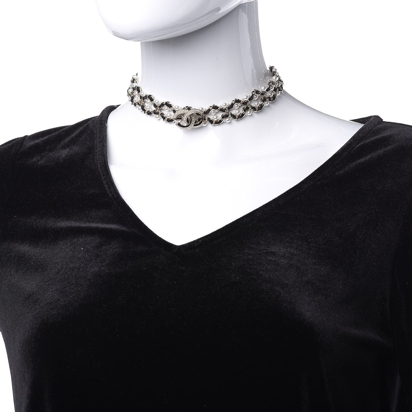Pearl Lambskin CC Chain Twist Choker Necklace Black Gold