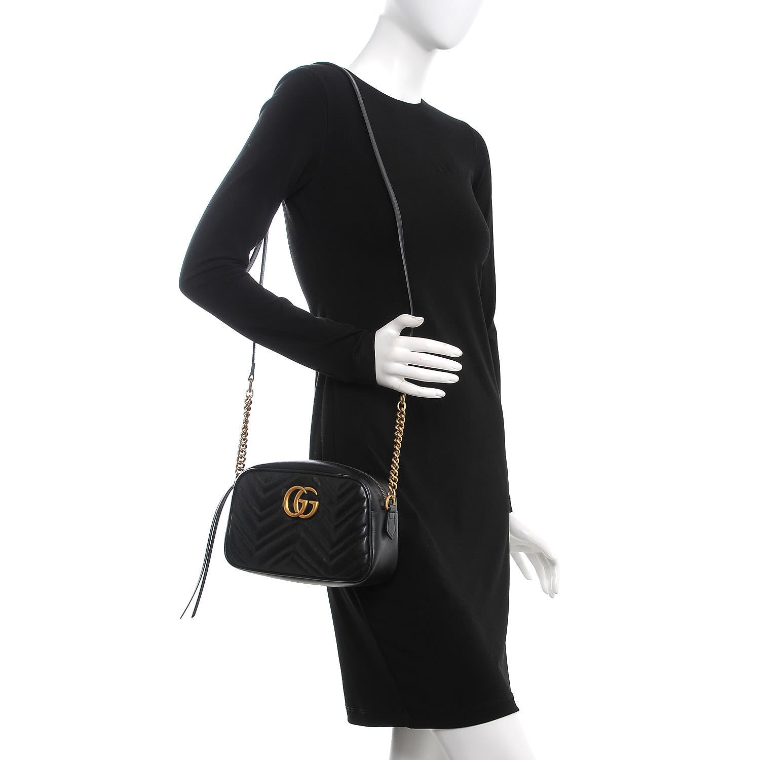 Gucci Calfskin Matelasse Small GG Marmont Chain Shoulder Bag Black 2 of 9