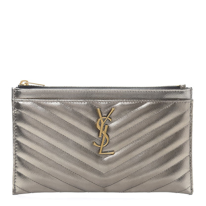 Saint Laurent Metallic Grain De Poudre Matelasse Chevron Monogram Bill Pouch Piombo 1 of 10