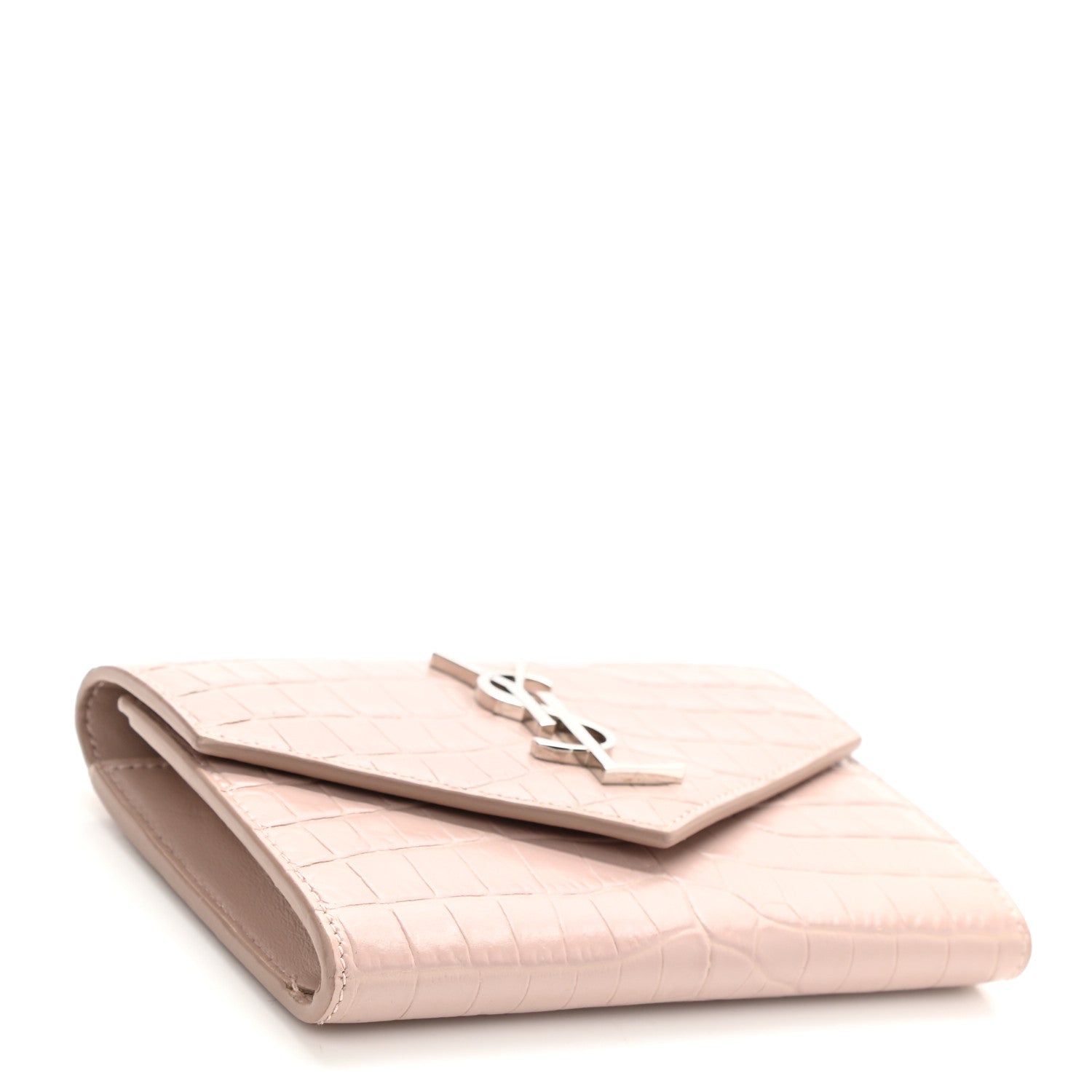 Saint Laurent Calfskin Crocodile Embossed Small Monogram Envelope Wallet Rose Antic 4 of 8