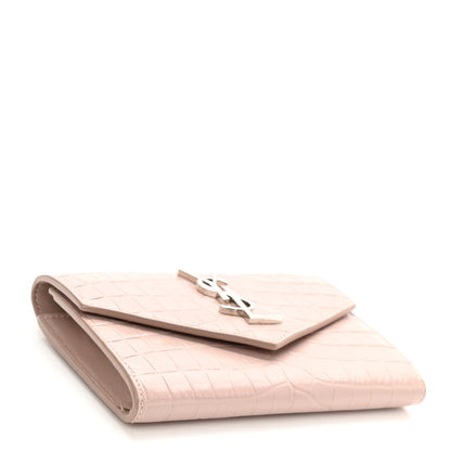 Saint Laurent Calfskin Crocodile Embossed Small Monogram Envelope Wallet Rose Antic 4 of 8