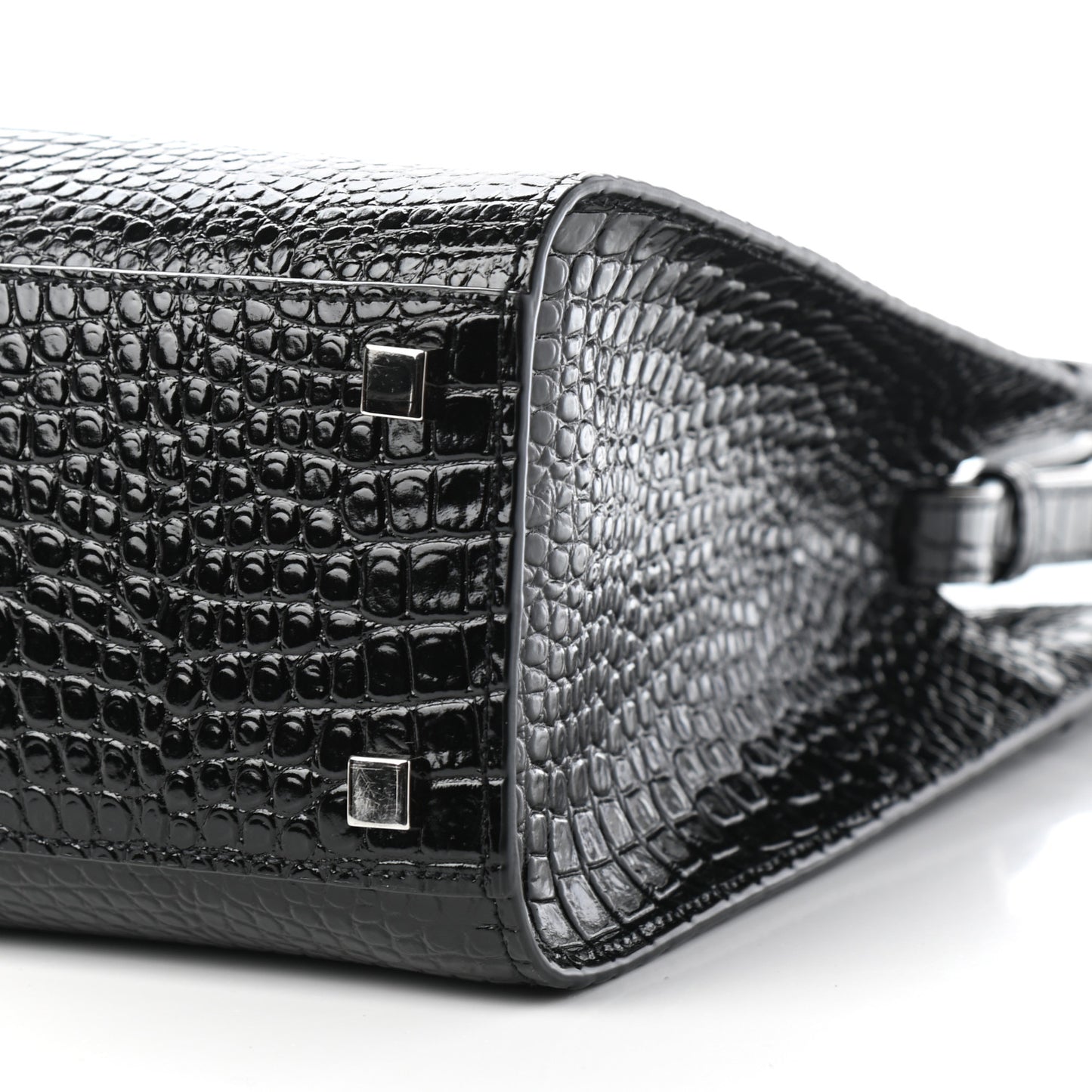Shiny Calfskin Crocodile Embossed Small Manhattan Shopper Tote Black