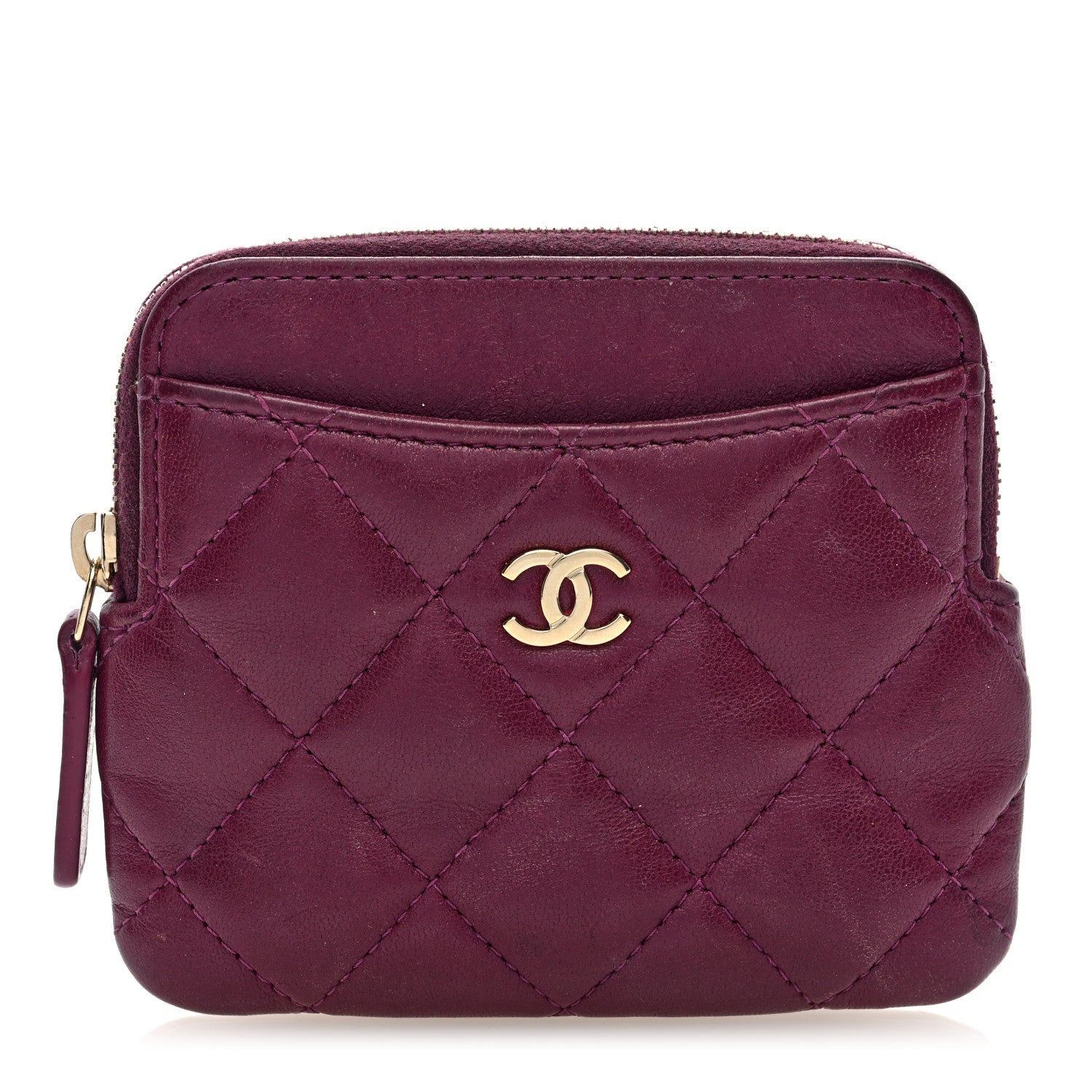 Chanel Lambskin Quilted Zip Card Holder Wallet Burgundy 1 of 7