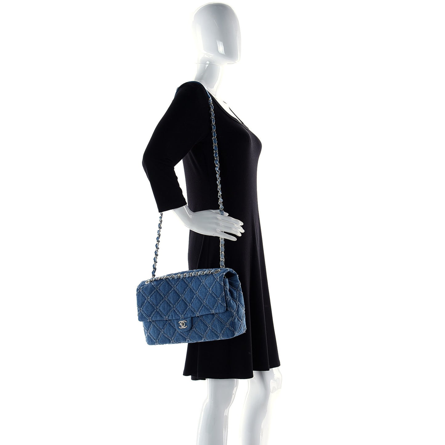 Frayed Denim Quilted Large Blue Chip Flap Blue